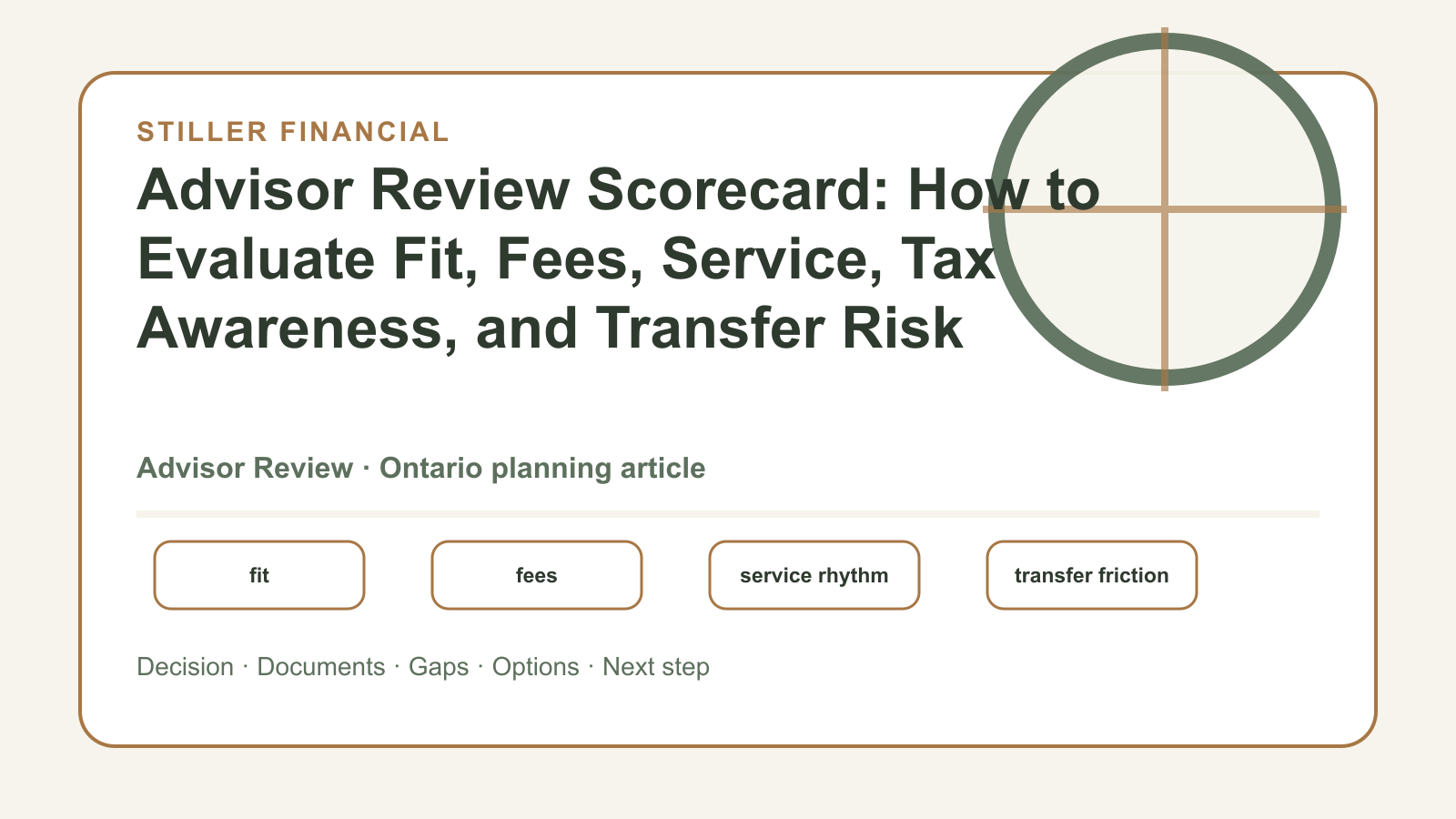 Advisor Review Scorecard: How to Evaluate Fit, Fees, Service, Tax Awareness, and Transfer Risk article visual.